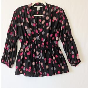 Diane Von Furstenberg Silk Blend Baby Doll Peplum Top Size‎ 6 Black Multi-Color